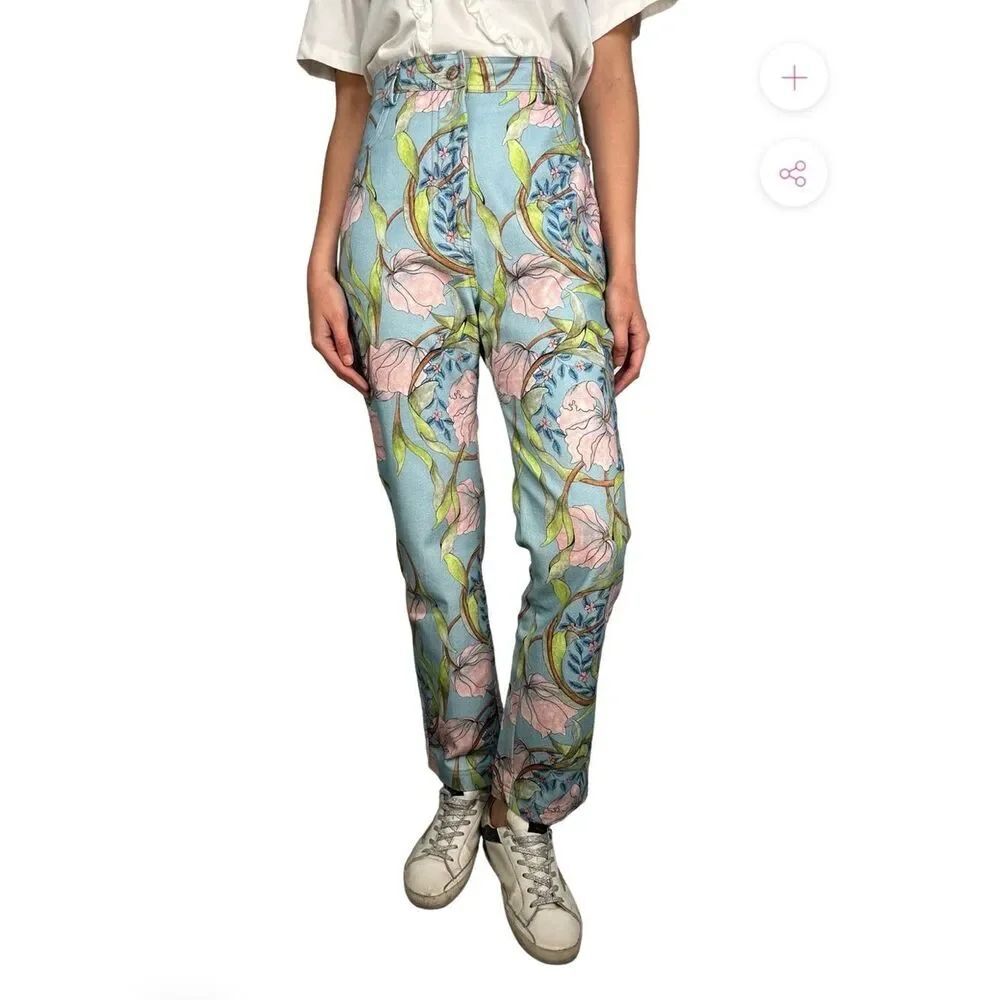 Isla & White Floral Botanical High Rise Pants Pastel Blue Medium